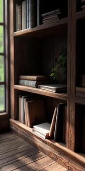 acogedor de madera estante para libros lleno con libros cerca un ventana foto
