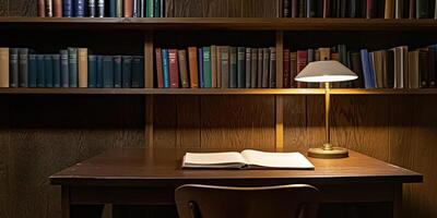 Quiet reading corner with warm lighting and books photo