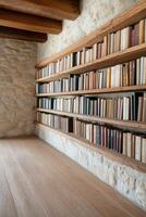 Cozy bookshelf with wooden shelves in a bright room photo