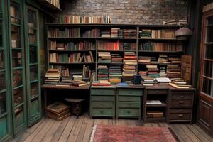Cozy library filled with vintage books and rustic furniture photo