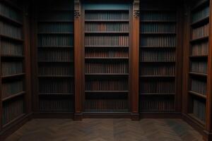 Empty wooden bookshelf corner in a dimly lit room photo