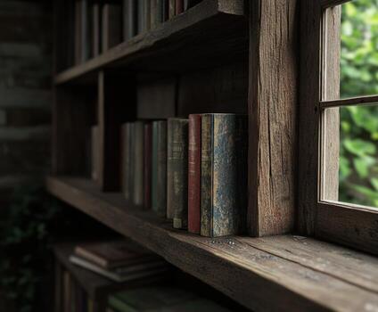 acogedor estante para libros por ventana en rústico ajuste con verdor foto