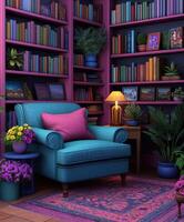 Cozy reading nook with vibrant decor and colorful books photo
