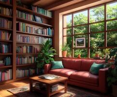 Cozy reading nook with sunlight streaming through the windows photo