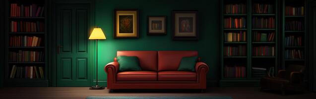 Cozy reading nook with green walls and warm lighting photo