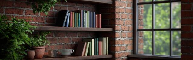 Cozy reading nook with books and plants in natural light photo