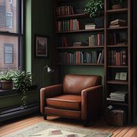 Cozy reading nook with a leather chair and bookshelves photo
