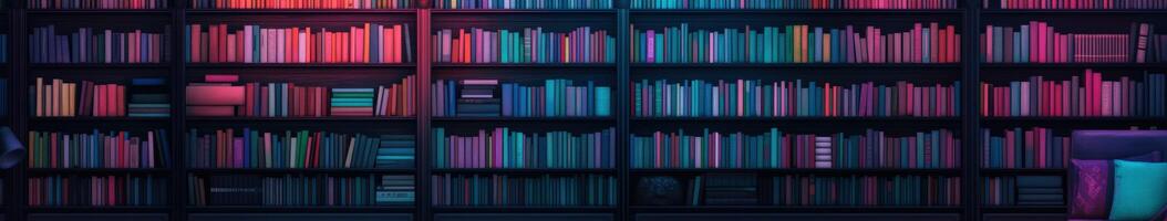 Colorful bookshelf filled with various books in a cozy space photo
