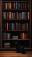 Black cat sits quietly beside a tall bookshelf filled with books photo