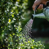 Watering plants in a lush garden during sunny afternoon photo