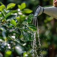 Watering plants with a watering can on a sunny day photo