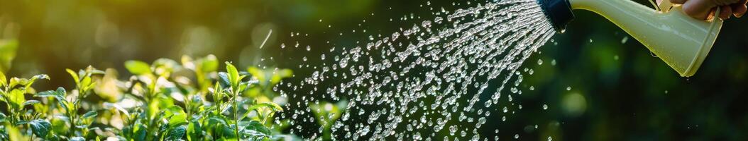 Hand watering plants in a lush garden during daylight photo