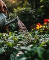 Watering a vibrant garden with a metal can during golden hour photo