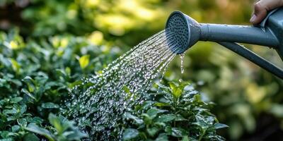 Watering plants in a lush garden during daylight hours photo