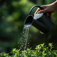 Watering plants in a lush garden during golden hour photo