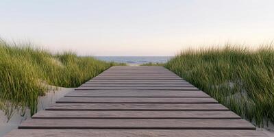 Walking pathway leads to serene beach at sunset time photo