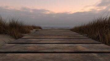 Serene wooden pathway leads to the ocean at dusk photo
