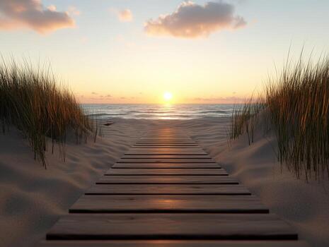 Sunset view along a sandy boardwalk towards the ocean photo