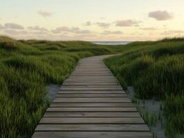 Curved wooden pathway leading to the ocean at sunset photo