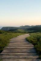 Scenic wooden pathway through lush green hills at sunset photo