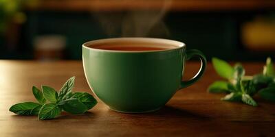 Freshly brewed herbal tea with mint leaves in a cozy setting photo