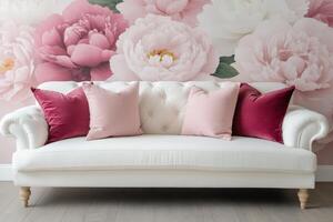 Elegant white couch with pink pillows against floral wall photo