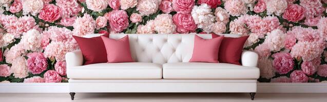 Stylish sofa in front of floral wallpaper with pink peonies photo