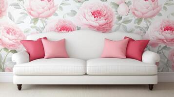 Elegant white sofa with pink cushions against floral backdrop photo