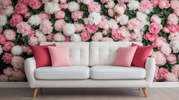 Modern living room with flower accent wall and sofa photo