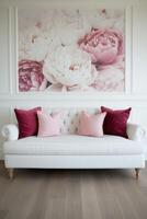 Elegant sofa with floral backdrop in stylish interior decor photo