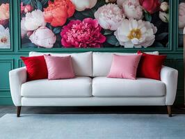 Elegant sofa with colorful floral backdrop in stylish interior photo