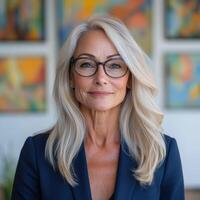 Professional woman with silver hair in modern office setting photo
