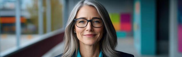 Confident woman with gray hair smiles in modern setting photo