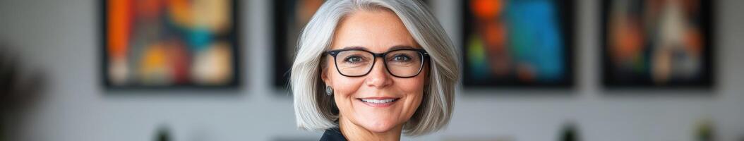 Mature woman with stylish glasses smiles warmly in modern space photo