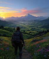 Hiker explores a vibrant valley at sunset near the mountains photo