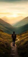 Hiker exploring a scenic valley during sunset photo