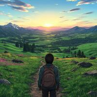 Exploring a serene mountain landscape at sunset photo