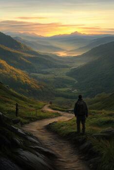 Scenic sunset view from a mountain trail overlooking a valley photo