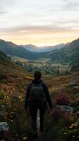 Hiker explores vibrant valley at sunset in breathtaking landscape photo