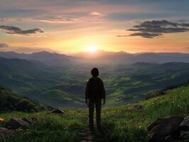 Child stands on a hillside watching the sunset over mountains photo