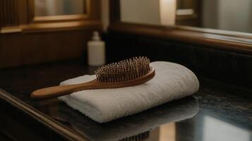 Wooden hairbrush resting on towel in elegant bathroom photo