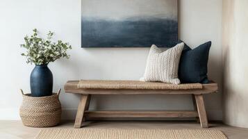 Cozy home corner with a wooden bench and decorative accents photo