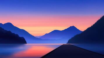 Serene sunset over a calm lake with mountain silhouette photo