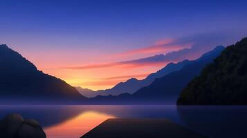 Calm sunset over serene lake with distant mountains photo
