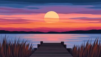 Sunset over calm lake viewed from wooden dock at evening photo