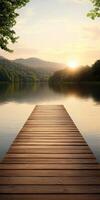 Serene wooden dock at lake during sunset in nature photo