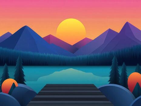 Sunset over a serene lake with mountains in the background photo