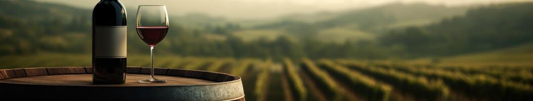 View of vineyard with wine bottle and glass on barrel photo