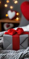 Gift with red ribbon on cozy blanket, perfect for celebrations photo