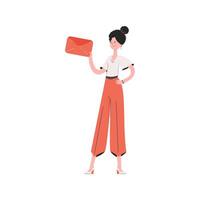 A woman stands in full growth holding an envelope in her hands. Isolated. Element for presentations, sites. vector